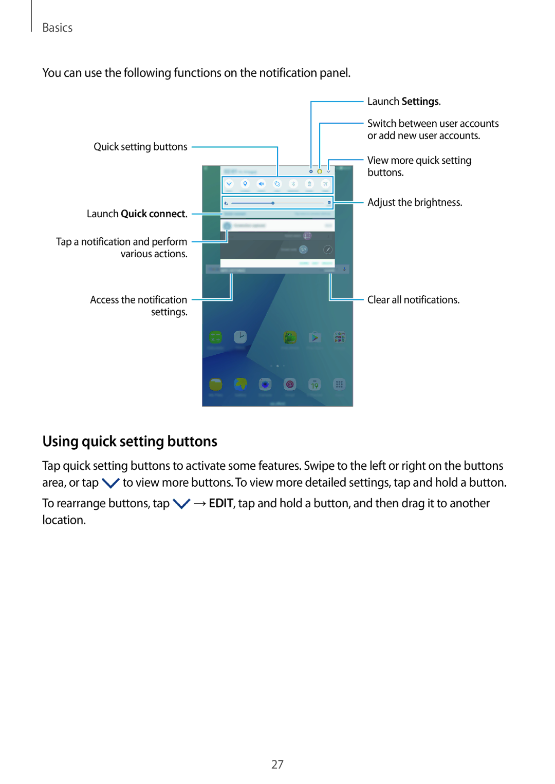 Samsung SM-P580NZKAKSA manual Using quick setting buttons, Launch Quick connect 