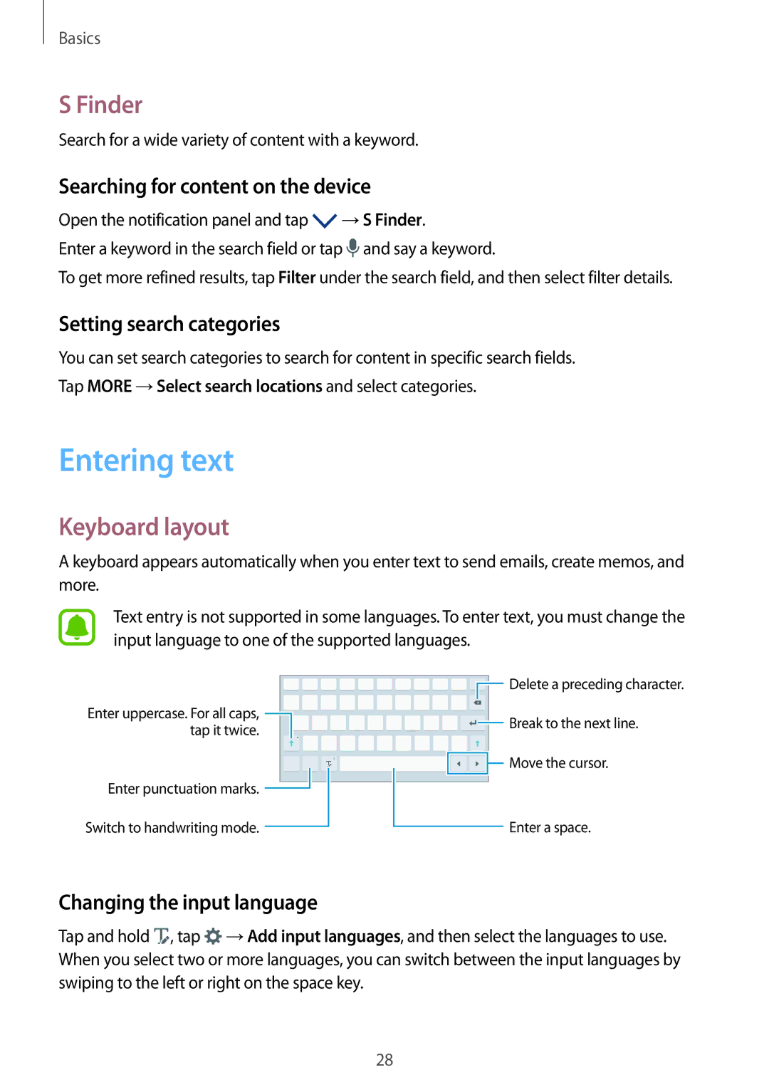 Samsung SM-P580NZKAKSA manual Entering text, Finder, Keyboard layout 