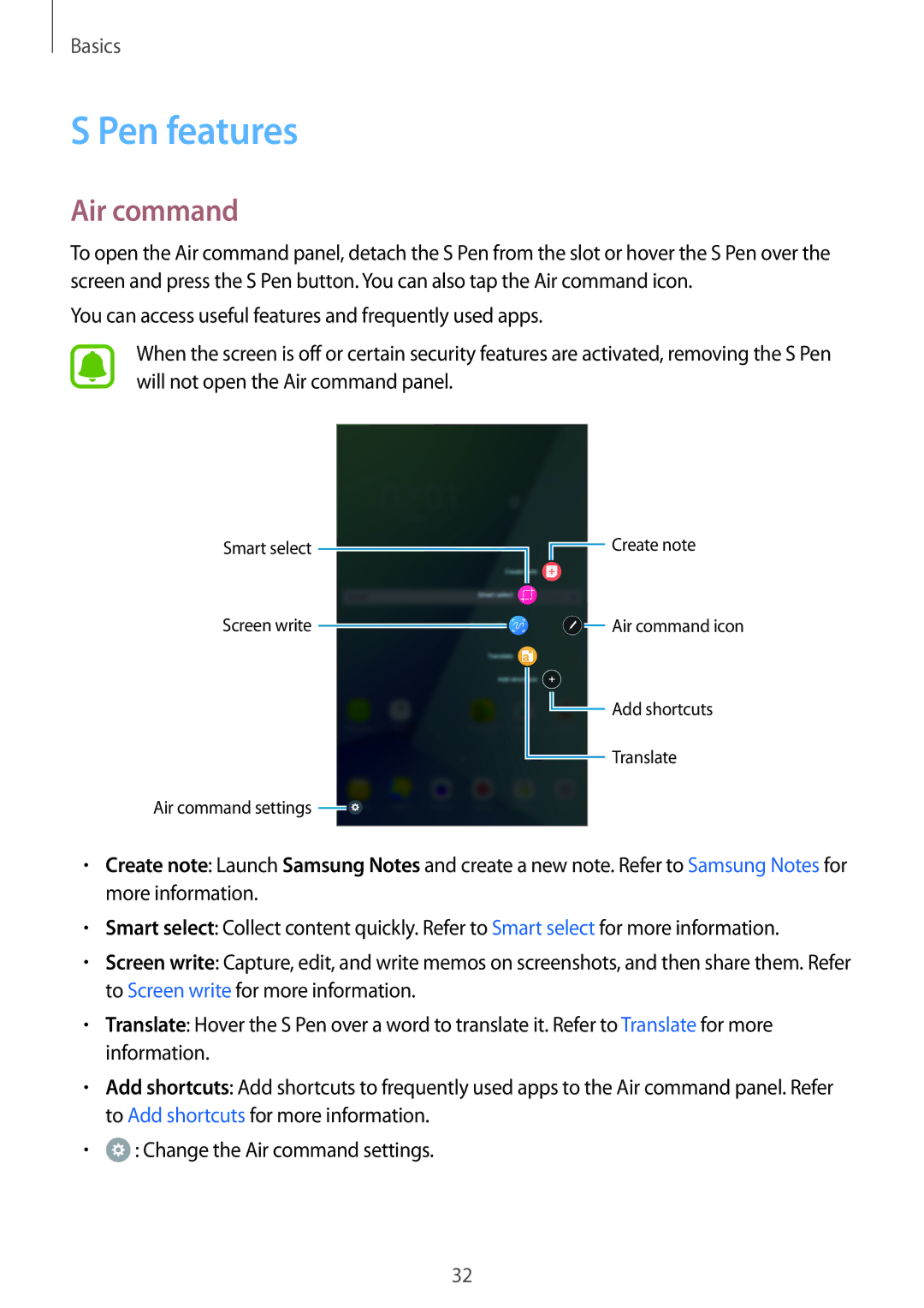 Samsung SM-P580NZKAKSA manual Pen features, Air command 