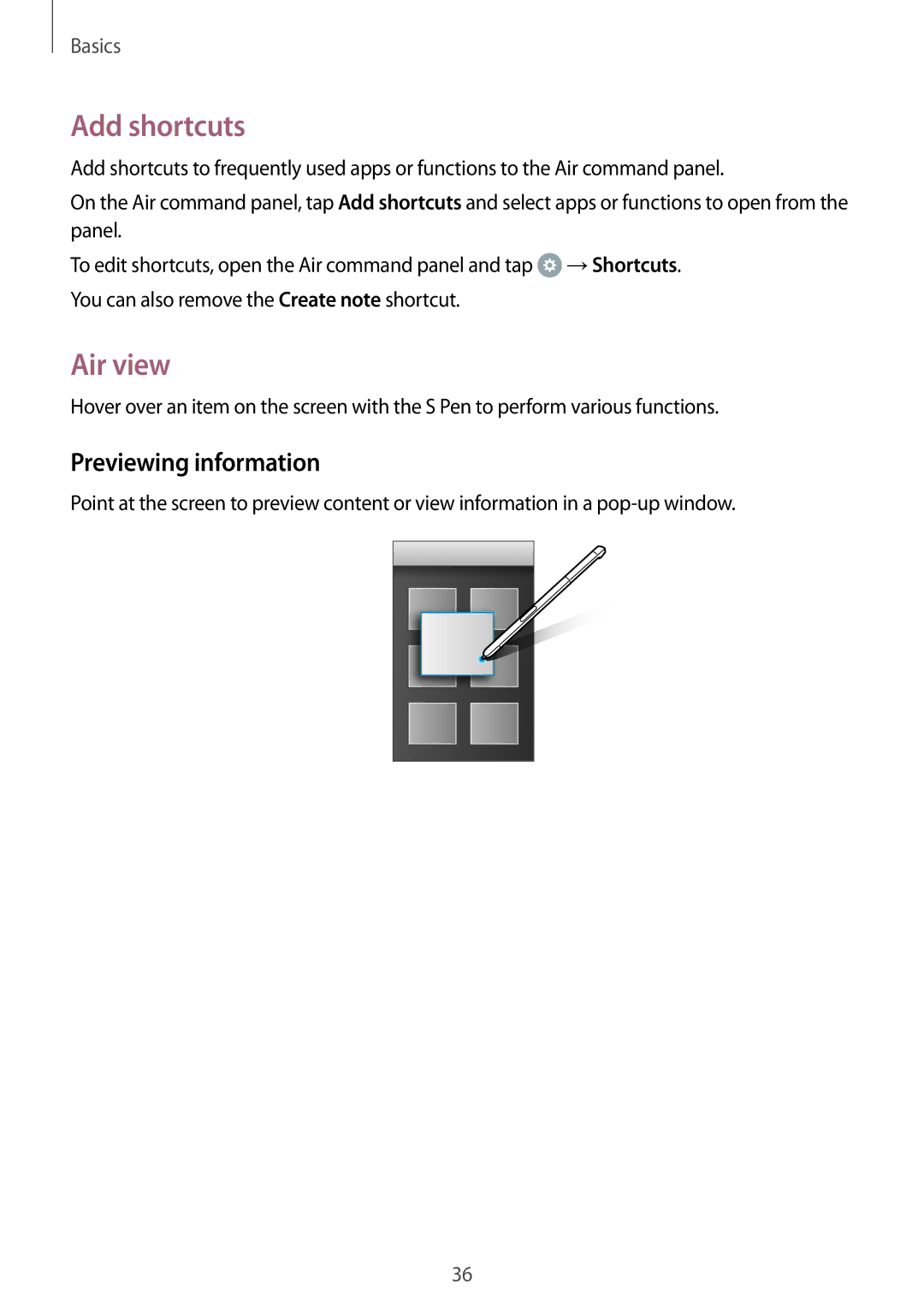 Samsung SM-P580NZKAKSA manual Add shortcuts, Air view, Previewing information 