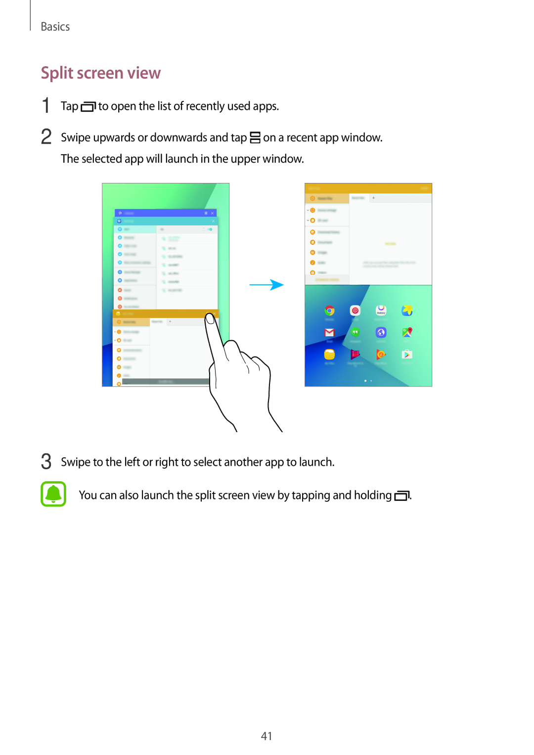 Samsung SM-P580NZKAKSA manual Split screen view, Tap to open the list of recently used apps 