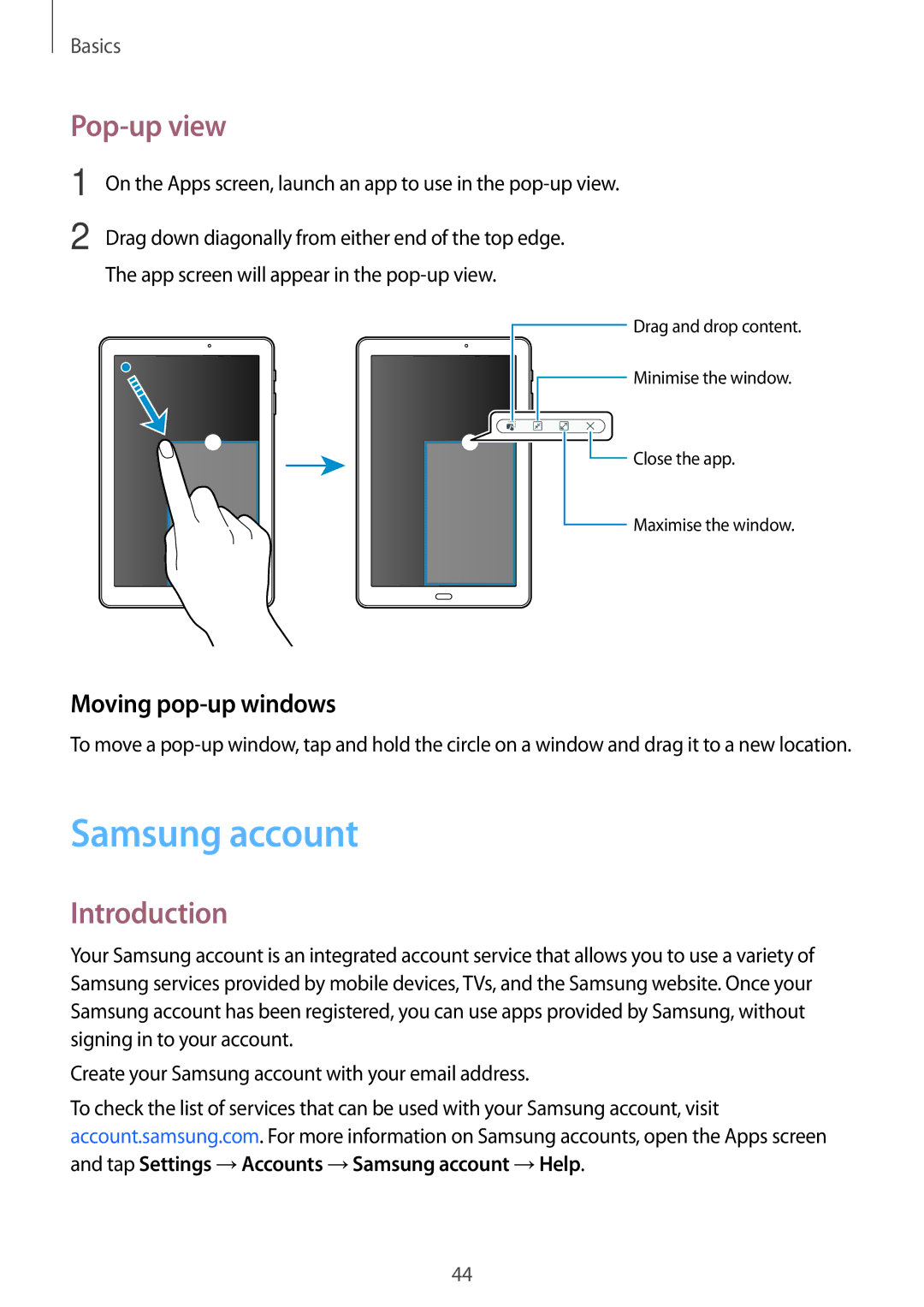 Samsung SM-P580NZKAKSA manual Samsung account, Pop-up view, Moving pop-up windows 