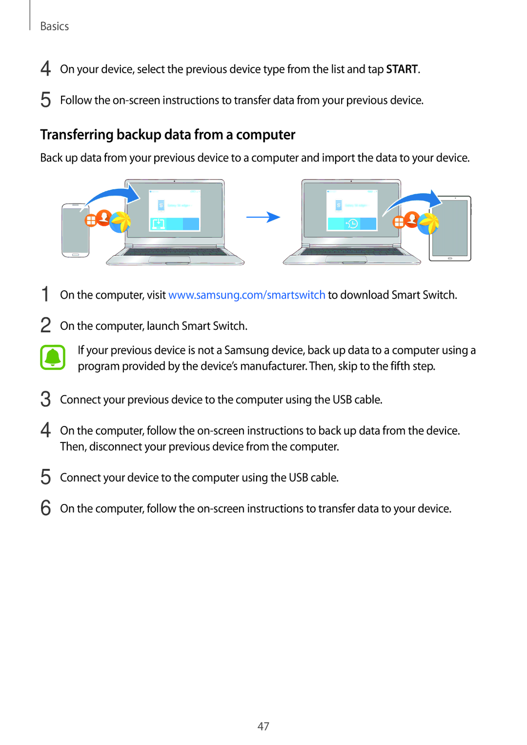 Samsung SM-P580NZKAKSA manual Transferring backup data from a computer, On the computer, launch Smart Switch 