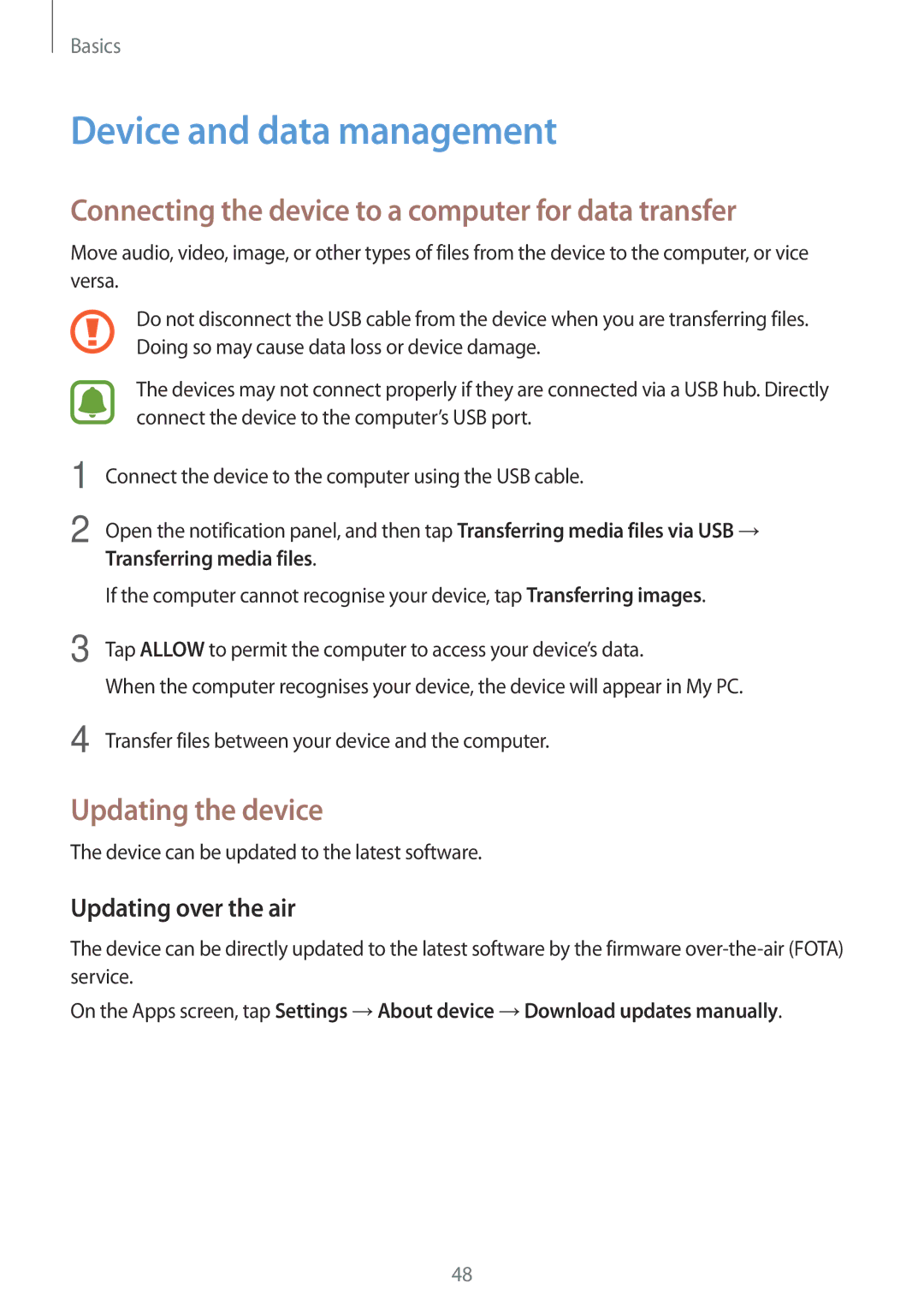 Samsung SM-P580NZKAKSA manual Device and data management, Connecting the device to a computer for data transfer 