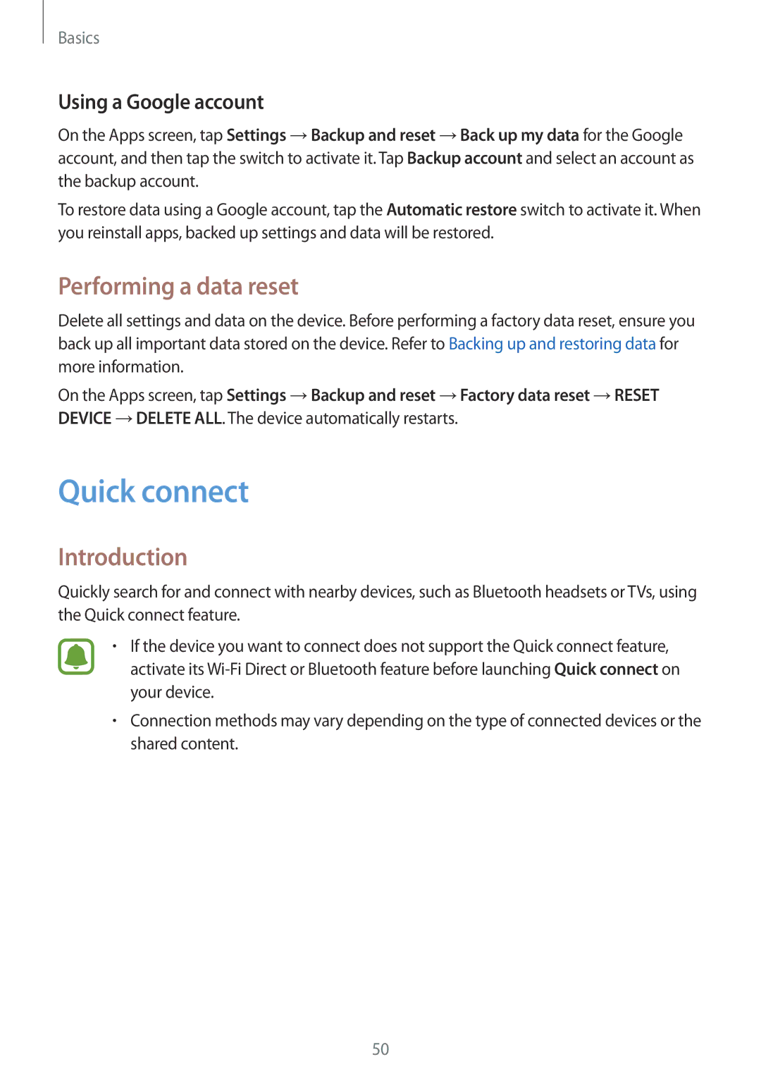 Samsung SM-P580NZKAKSA manual Quick connect, Performing a data reset, Using a Google account 