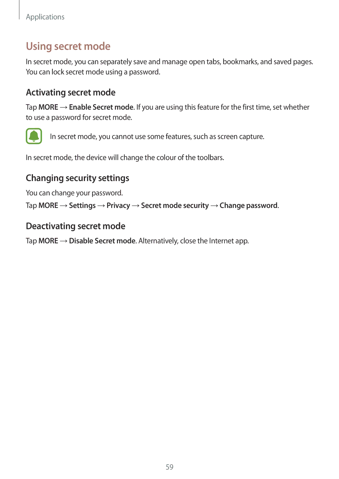 Samsung SM-P580NZKAKSA Using secret mode, Activating secret mode, Changing security settings, Deactivating secret mode 