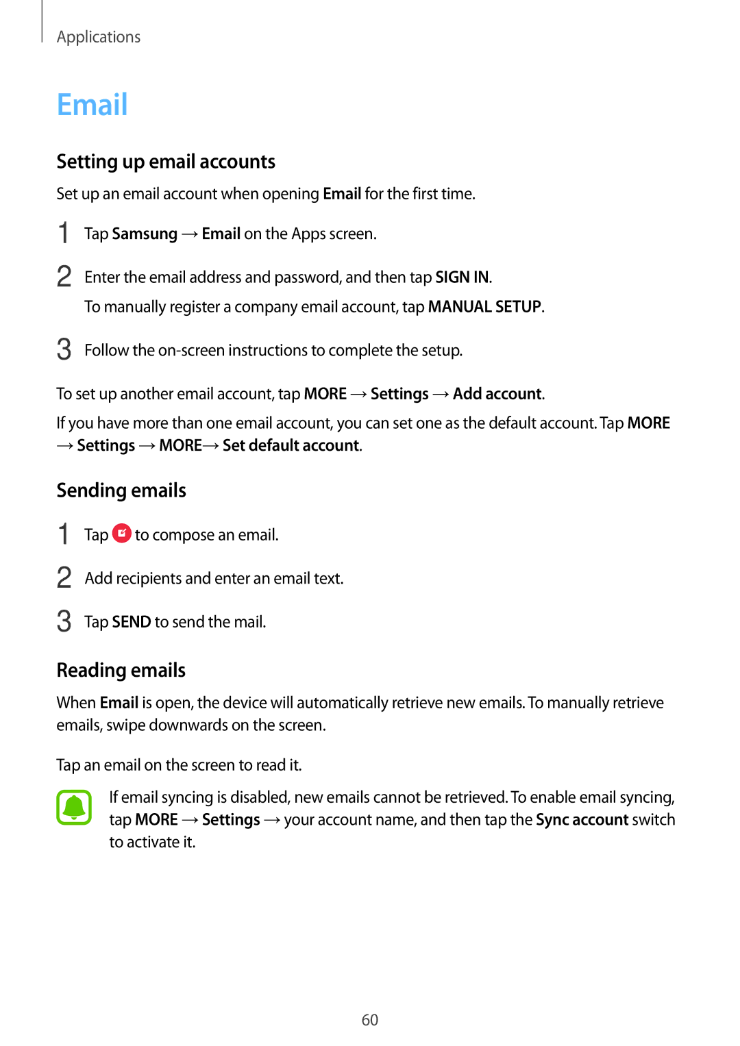 Samsung SM-P580NZKAKSA Setting up email accounts, Sending emails, Reading emails, → Settings →MORE→Set default account 