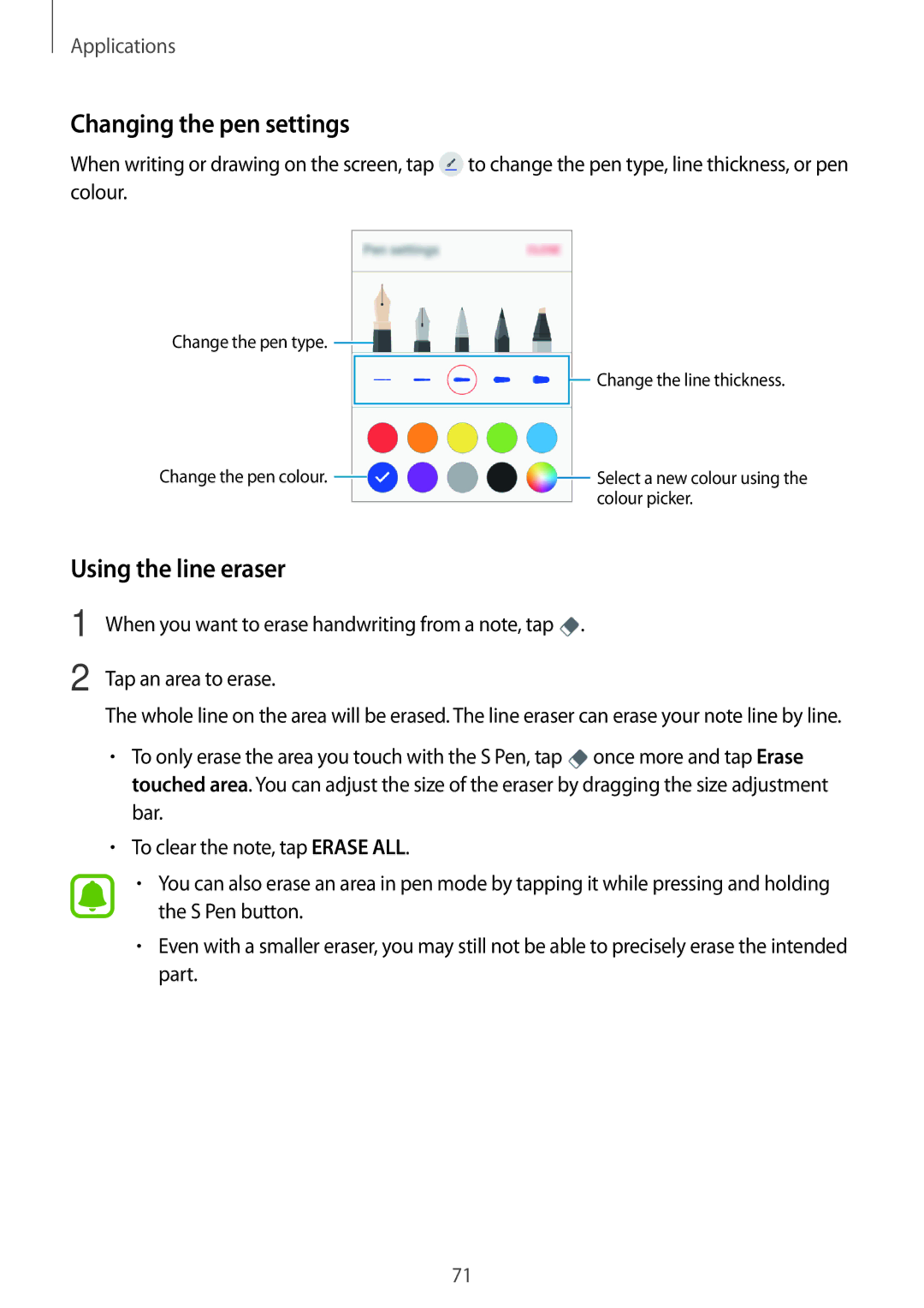 Samsung SM-P580NZKAKSA manual Changing the pen settings, Using the line eraser 