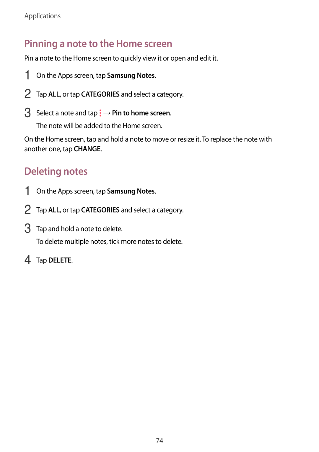 Samsung SM-P580NZKAKSA manual Pinning a note to the Home screen, Deleting notes 