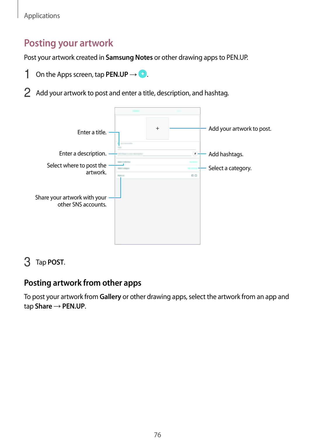 Samsung SM-P580NZKAKSA manual Posting your artwork, Posting artwork from other apps 