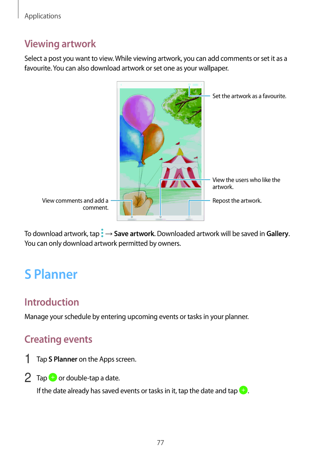 Samsung SM-P580NZKAKSA manual Planner, Viewing artwork, Creating events 