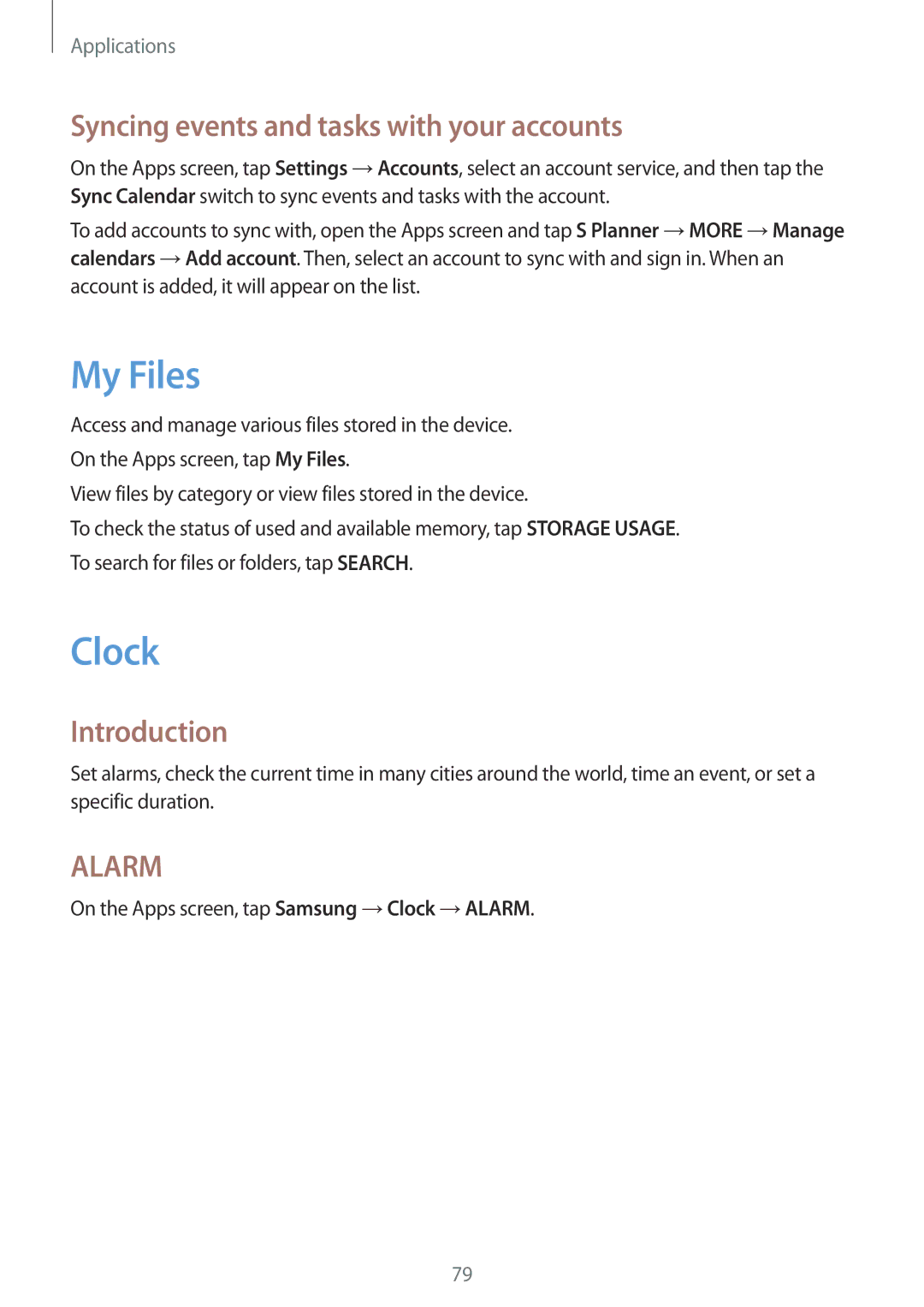 Samsung SM-P580NZKAKSA manual My Files, Clock, Syncing events and tasks with your accounts 
