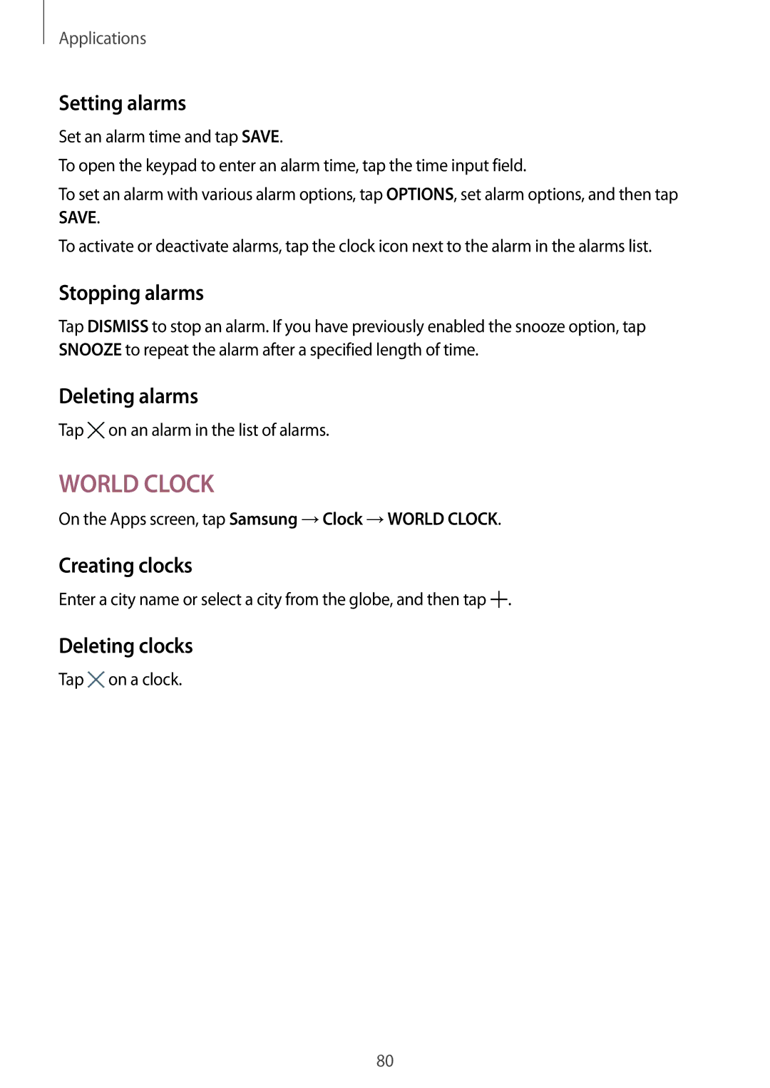 Samsung SM-P580NZKAKSA manual Setting alarms, Stopping alarms, Deleting alarms, Creating clocks, Deleting clocks 