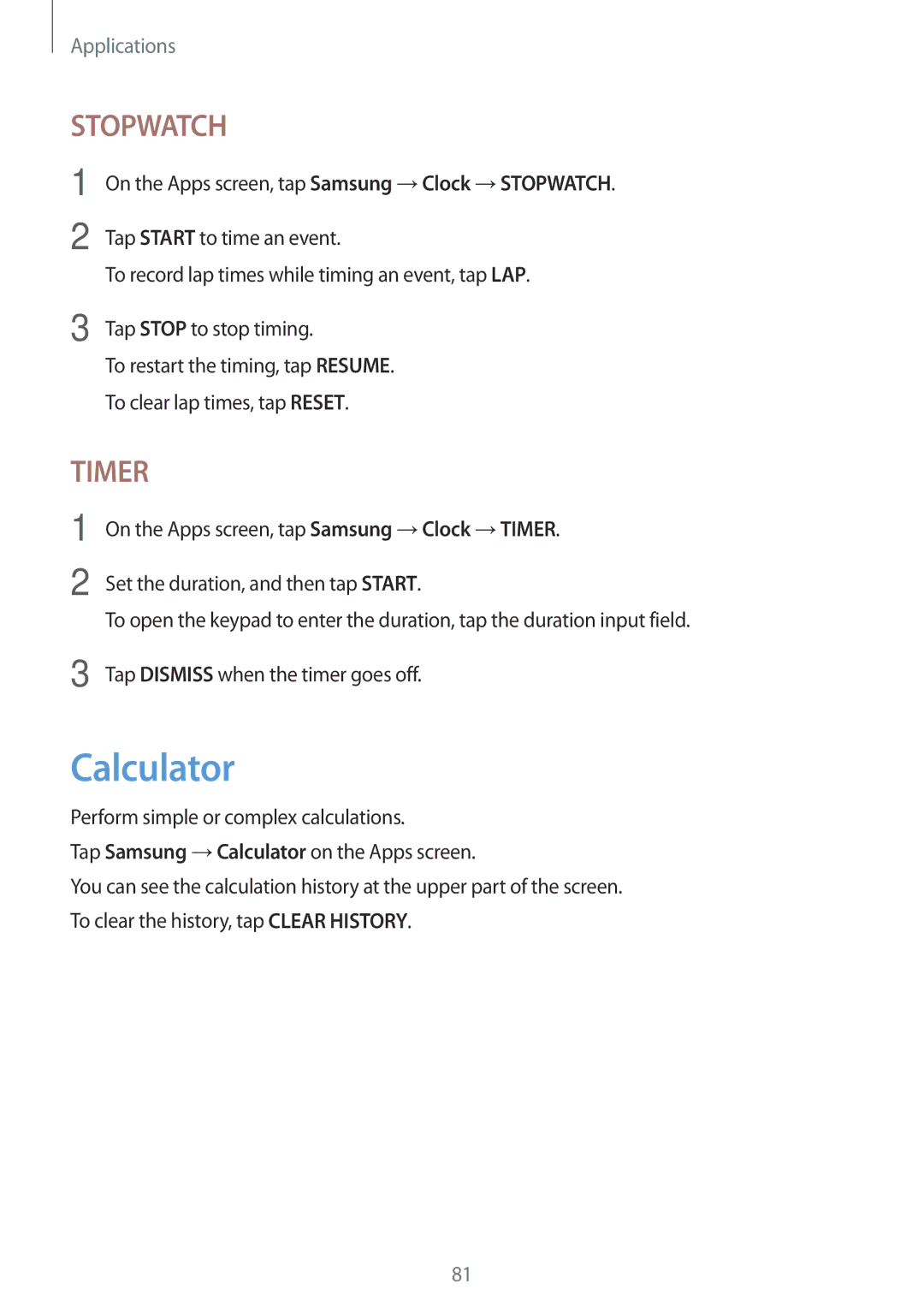 Samsung SM-P580NZKAKSA manual Calculator, Stopwatch 