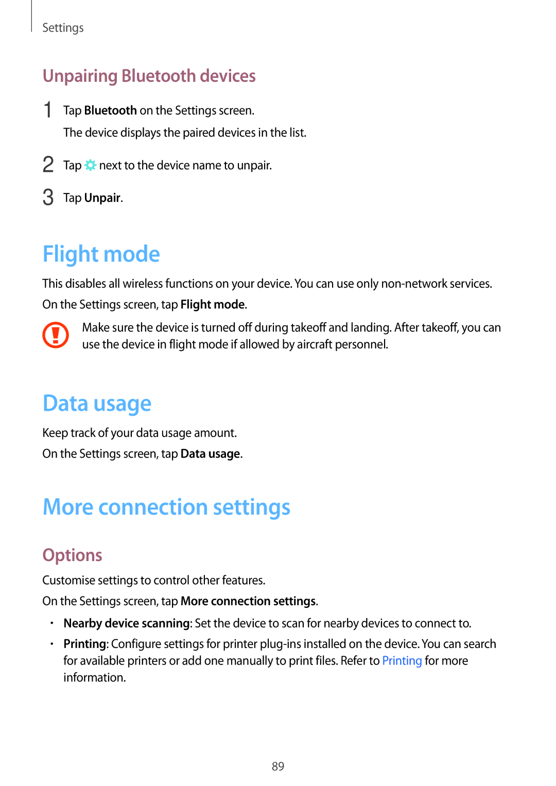 Samsung SM-P580NZKAKSA manual Flight mode, Data usage, More connection settings, Unpairing Bluetooth devices, Options 