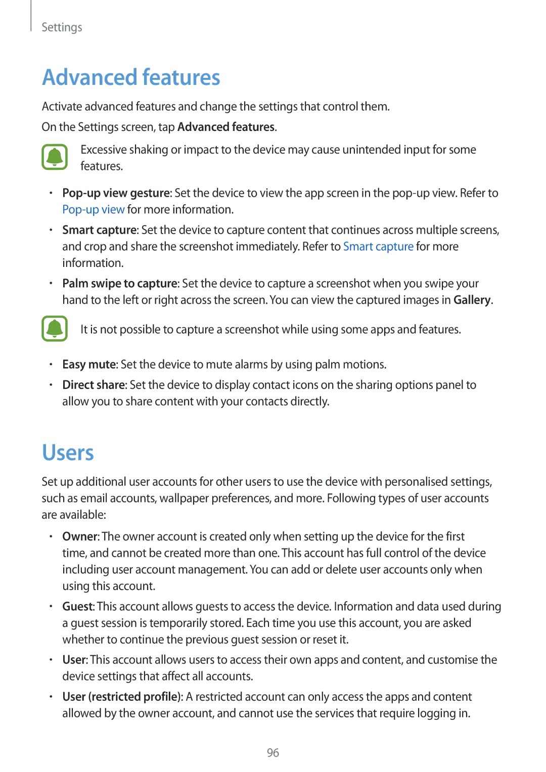 Samsung SM-P580NZKAKSA manual Advanced features, Users 