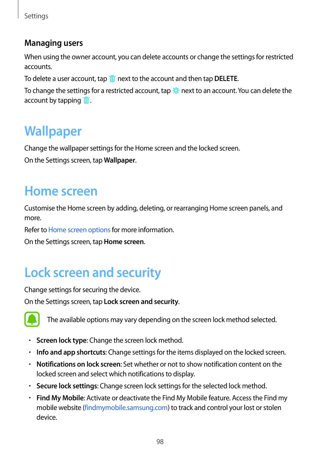 Samsung SM-P580NZKAKSA manual Wallpaper, Lock screen and security, Managing users 