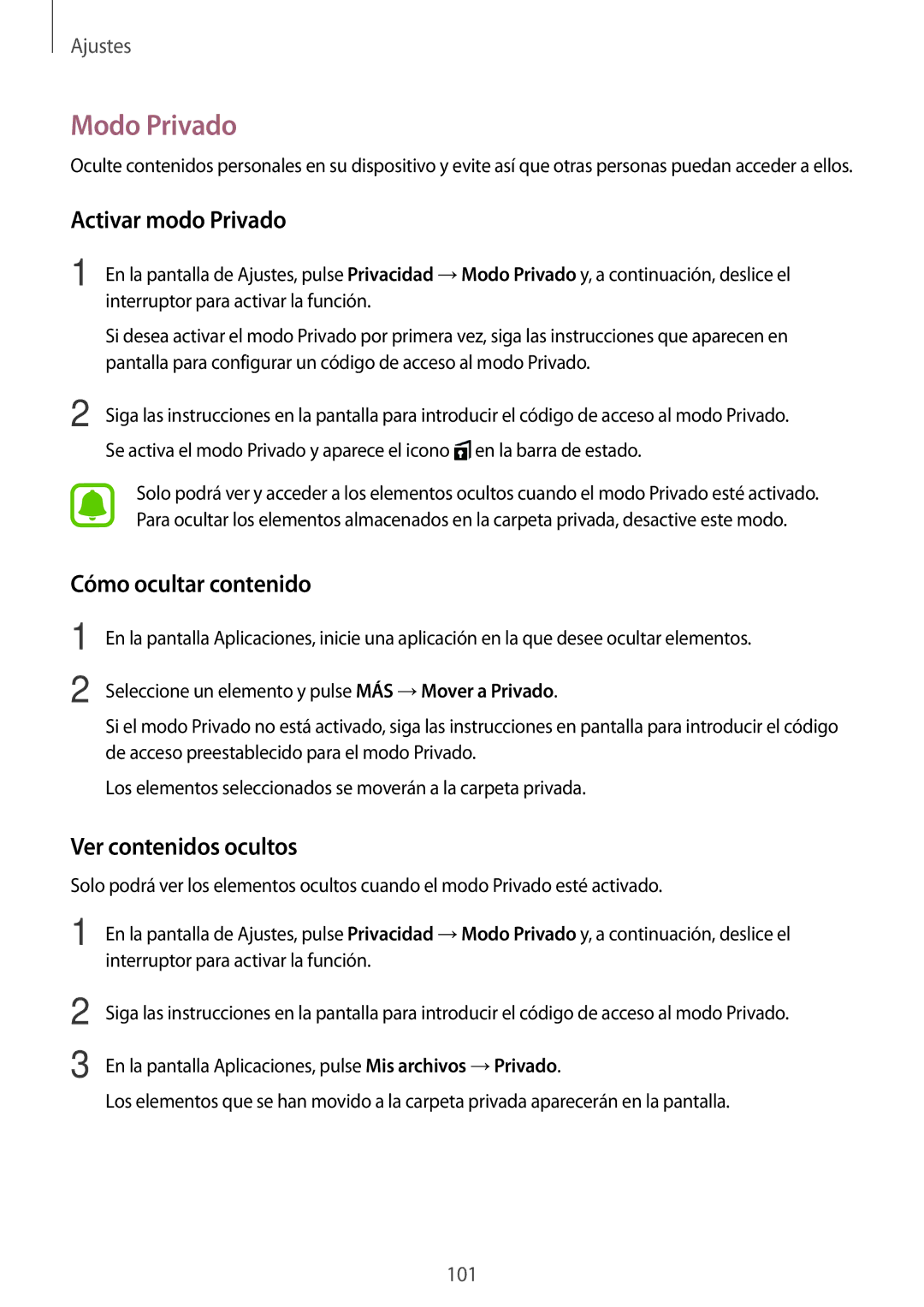 Samsung SM-P580NZKAPHE manual Modo Privado, Activar modo Privado, Cómo ocultar contenido, Ver contenidos ocultos 