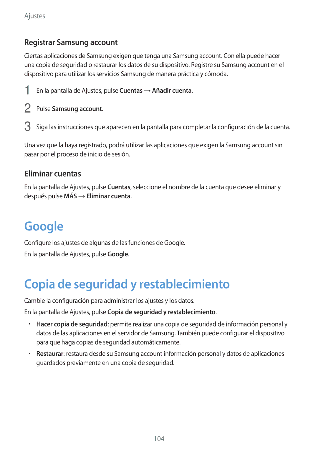 Samsung SM-P580NZKAPHE manual Google, Copia de seguridad y restablecimiento, Registrar Samsung account, Eliminar cuentas 