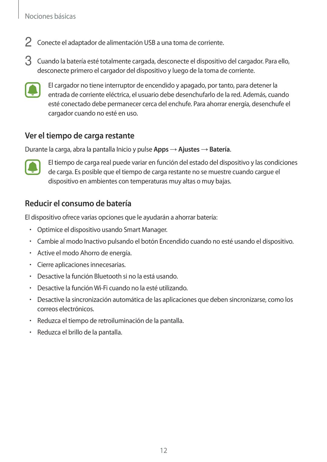 Samsung SM-P580NZKAPHE manual Ver el tiempo de carga restante, Reducir el consumo de batería 