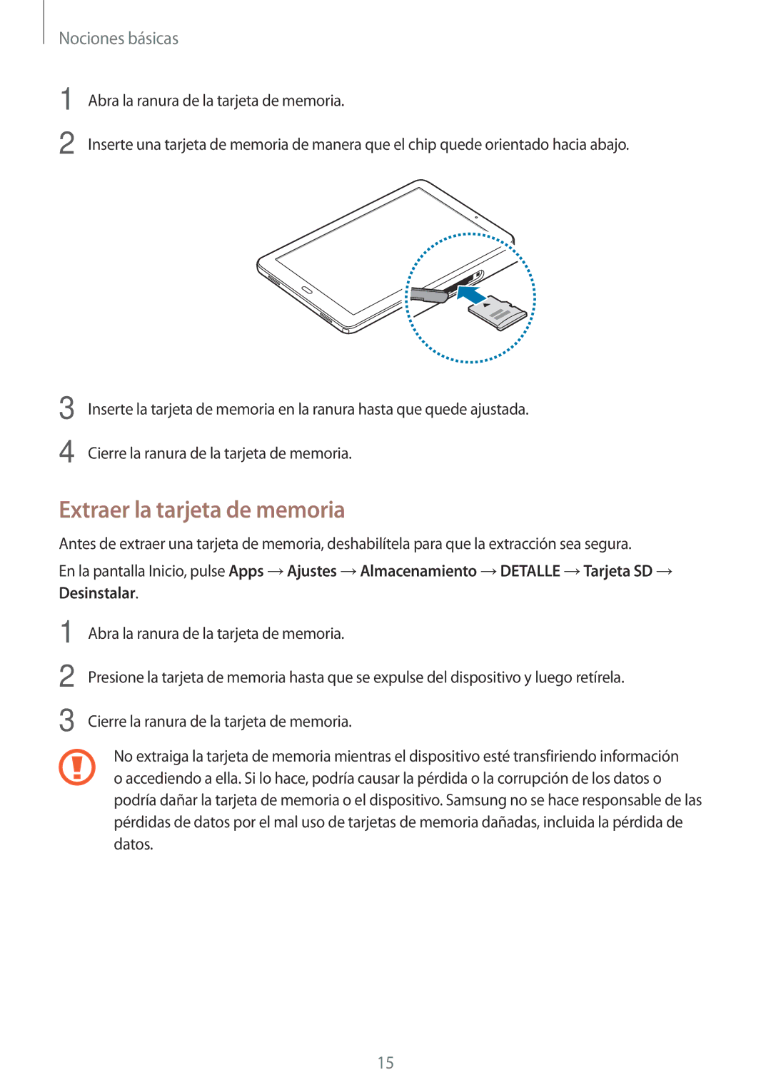 Samsung SM-P580NZKAPHE manual Extraer la tarjeta de memoria 