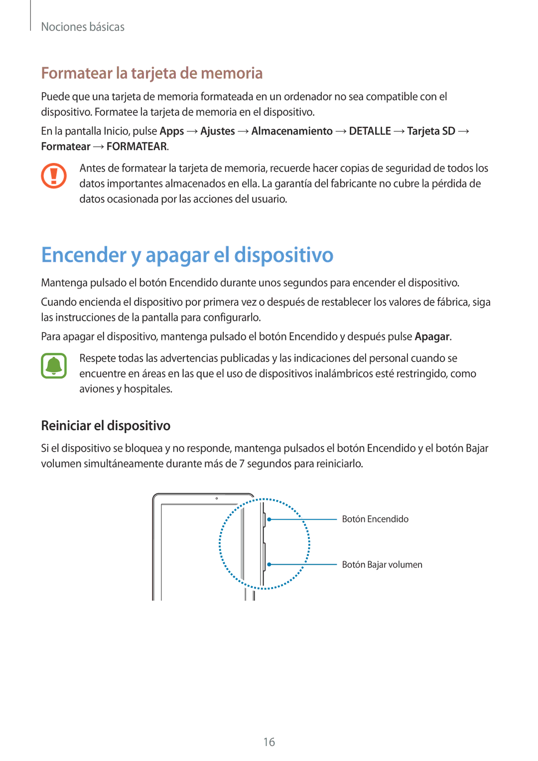 Samsung SM-P580NZKAPHE manual Encender y apagar el dispositivo, Formatear la tarjeta de memoria, Reiniciar el dispositivo 