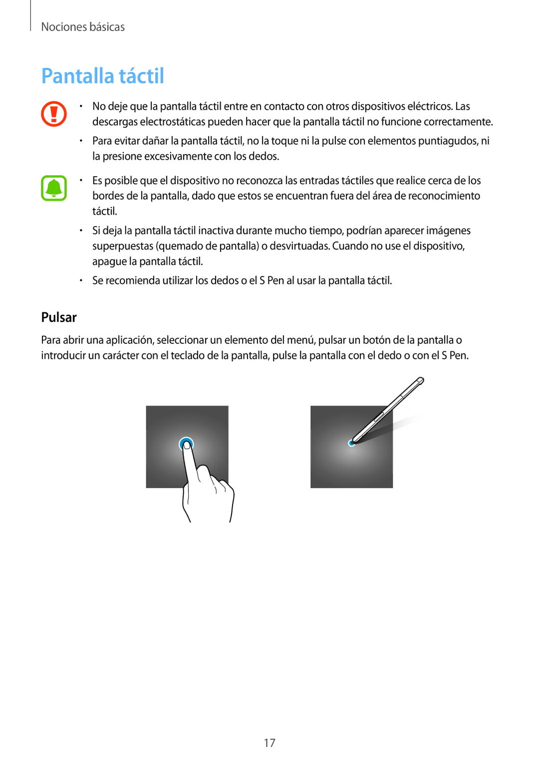 Samsung SM-P580NZKAPHE manual Pantalla táctil, Pulsar 