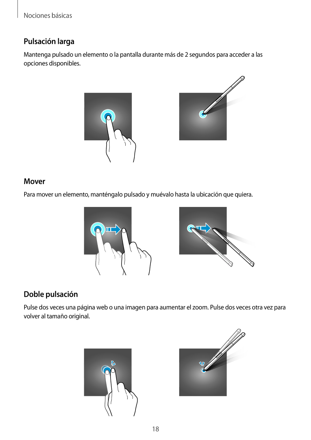 Samsung SM-P580NZKAPHE manual Pulsación larga, Mover, Doble pulsación 