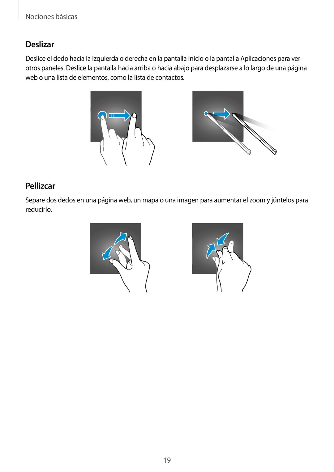 Samsung SM-P580NZKAPHE manual Deslizar, Pellizcar 