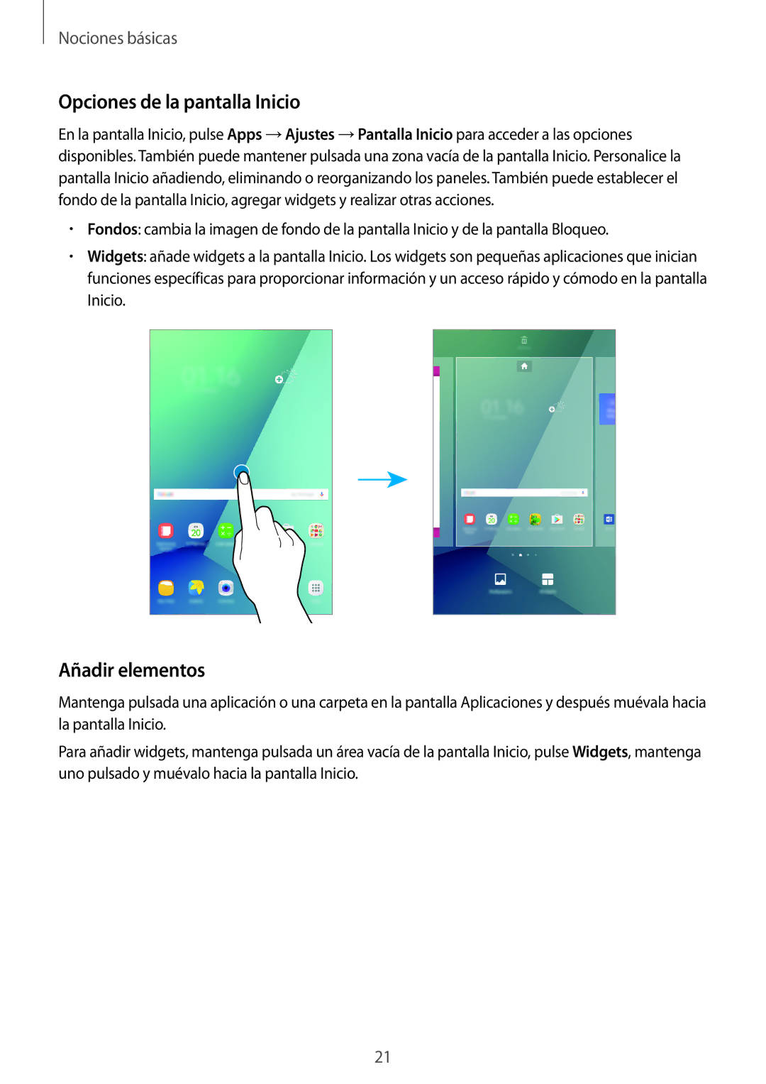 Samsung SM-P580NZKAPHE manual Opciones de la pantalla Inicio, Añadir elementos 