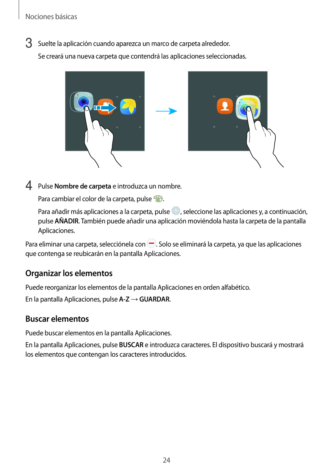 Samsung SM-P580NZKAPHE manual Organizar los elementos, Buscar elementos 