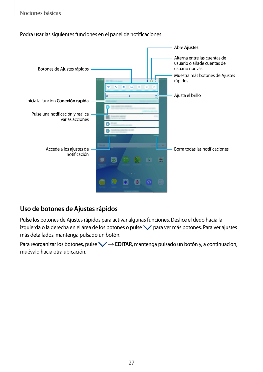 Samsung SM-P580NZKAPHE manual Uso de botones de Ajustes rápidos, Abre Ajustes 