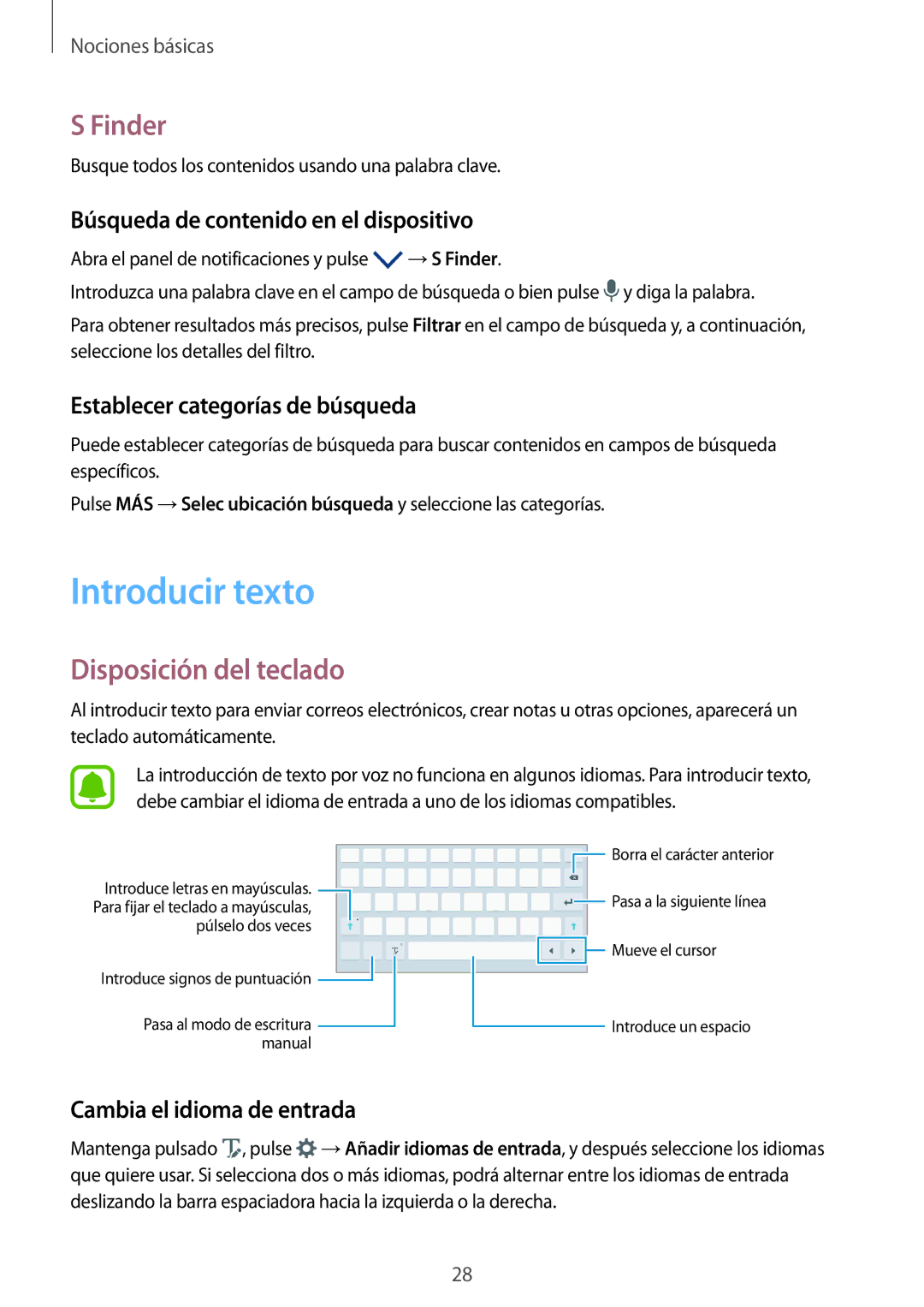 Samsung SM-P580NZKAPHE manual Introducir texto, Finder, Disposición del teclado 