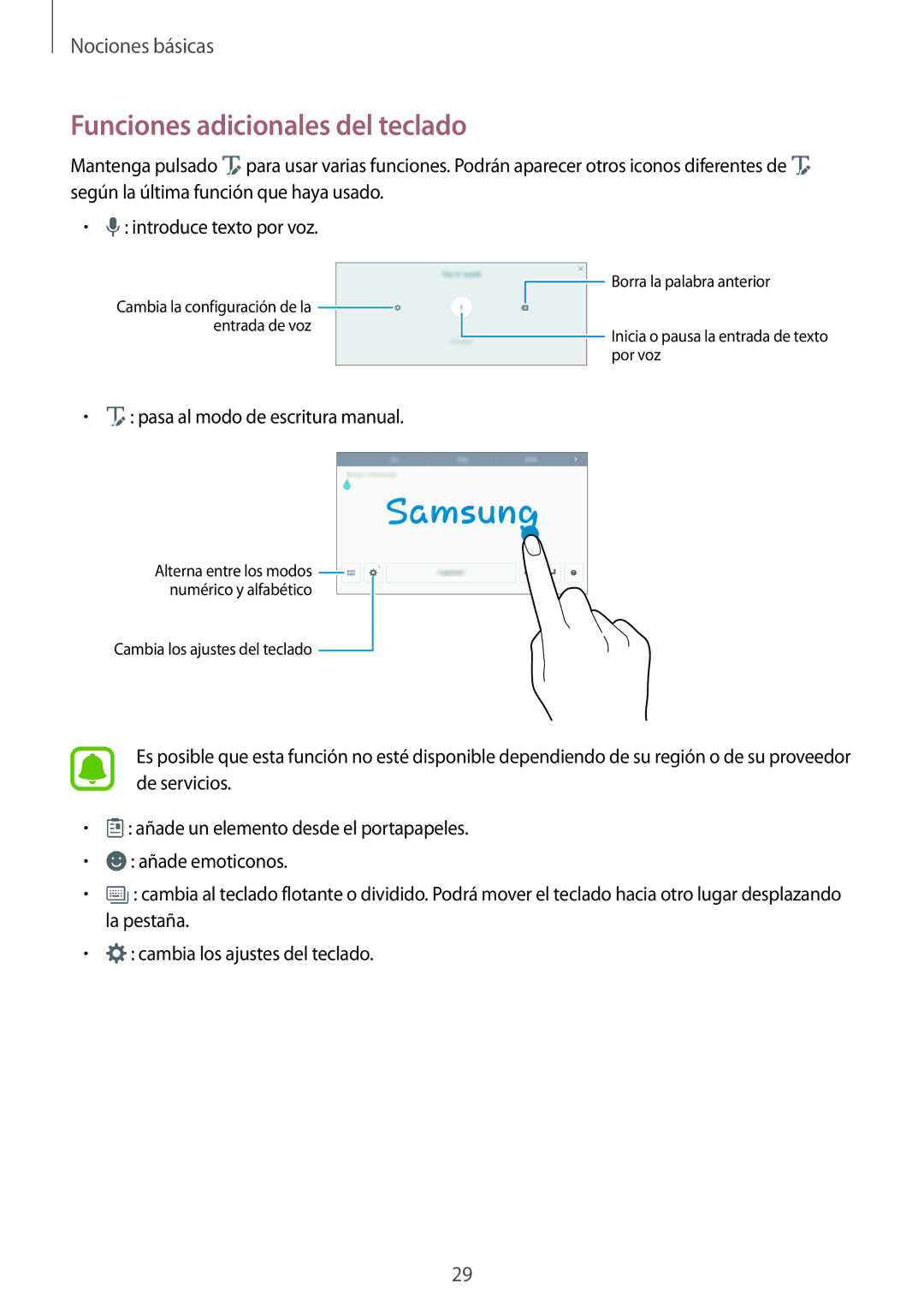 Samsung SM-P580NZKAPHE manual Funciones adicionales del teclado 