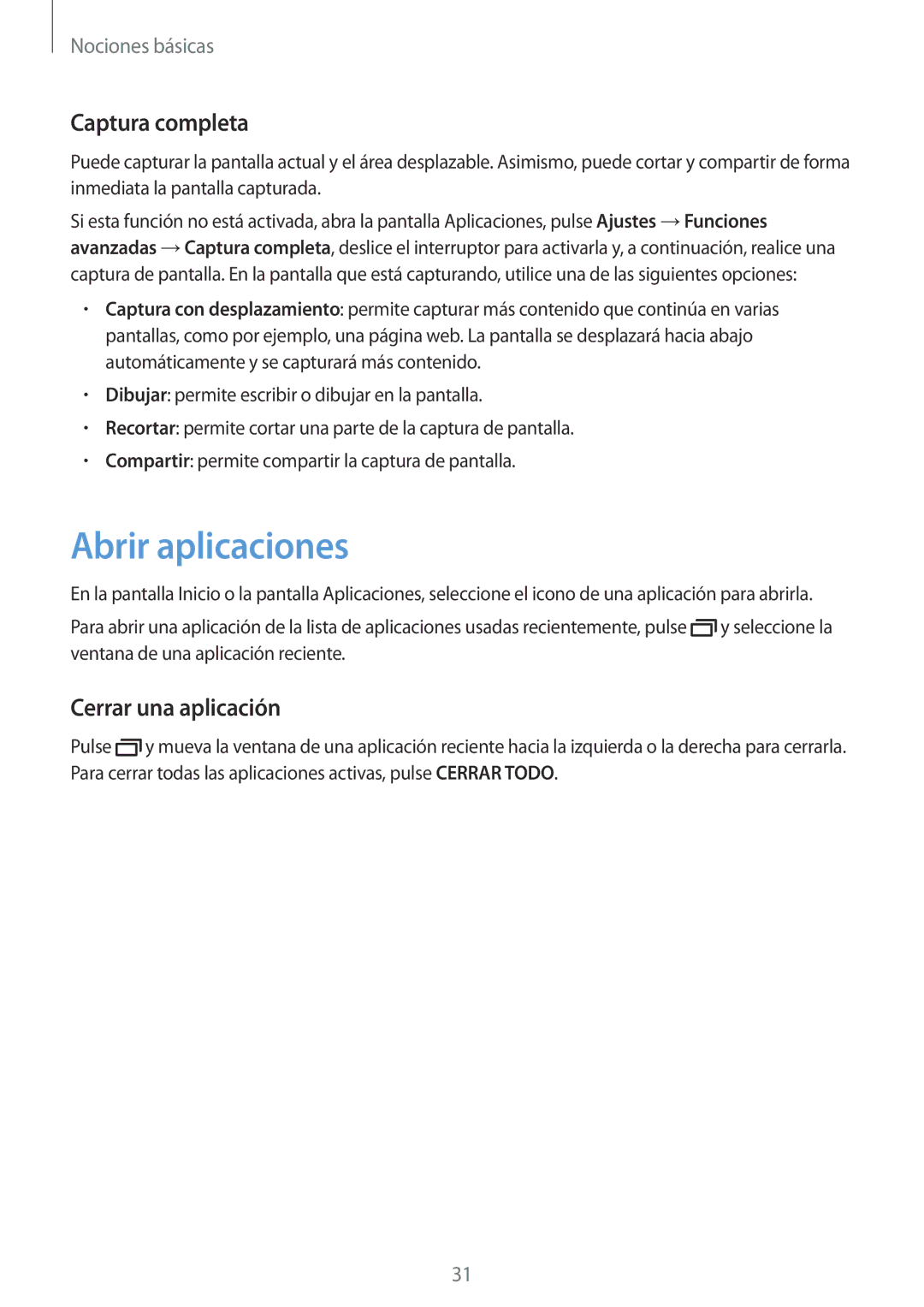 Samsung SM-P580NZKAPHE manual Abrir aplicaciones, Captura completa, Cerrar una aplicación 