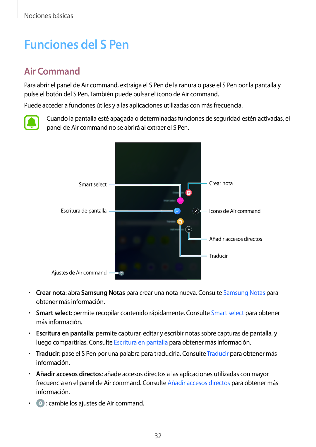 Samsung SM-P580NZKAPHE manual Funciones del S Pen, Air Command 