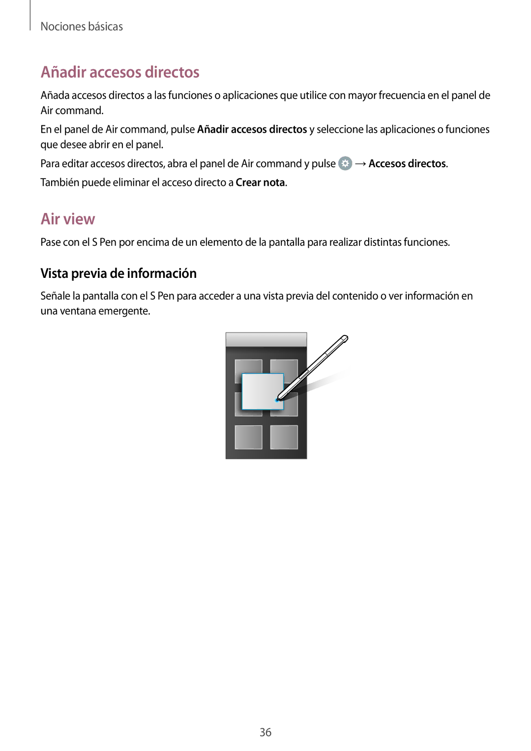 Samsung SM-P580NZKAPHE manual Añadir accesos directos, Air view, Vista previa de información 