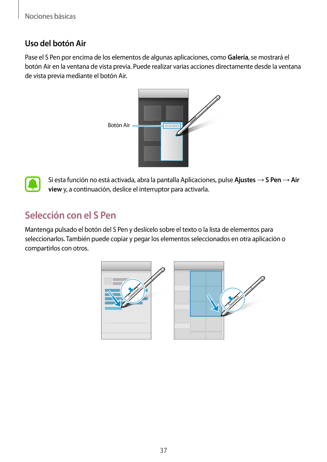 Samsung SM-P580NZKAPHE manual Selección con el S Pen, Uso del botón Air 