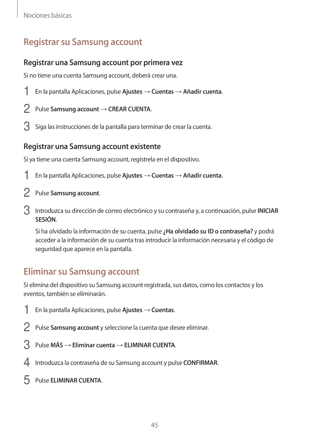 Samsung SM-P580NZKAPHE Registrar su Samsung account, Eliminar su Samsung account, Registrar una Samsung account existente 