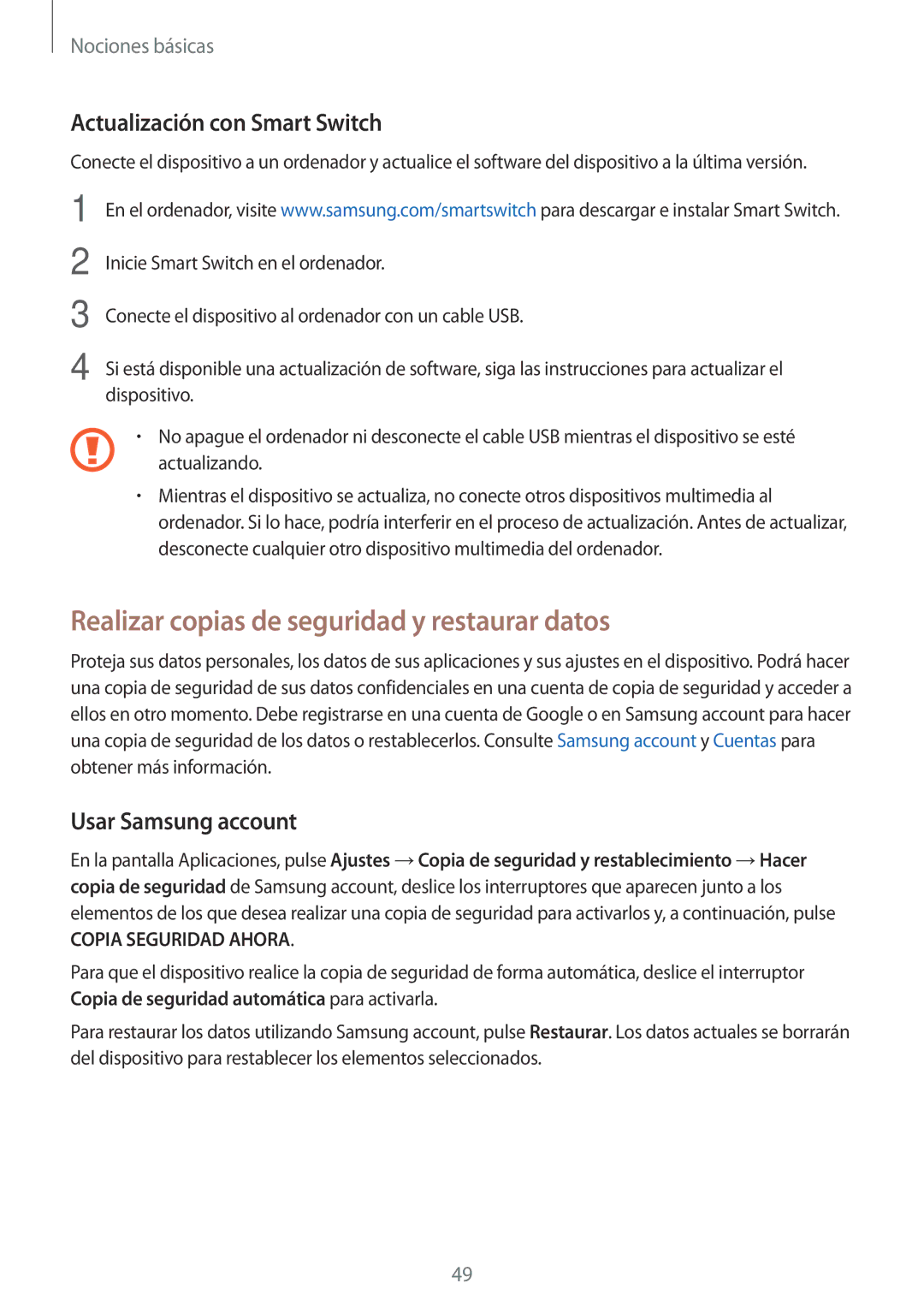 Samsung SM-P580NZKAPHE manual Realizar copias de seguridad y restaurar datos, Actualización con Smart Switch 