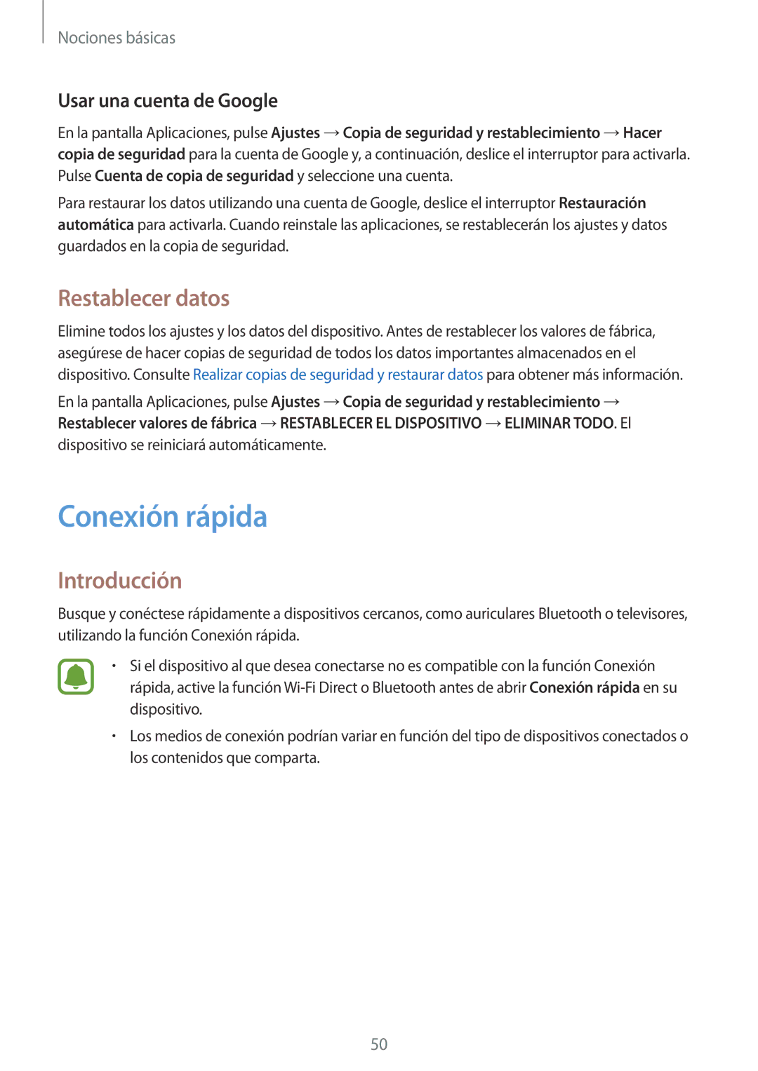 Samsung SM-P580NZKAPHE manual Conexión rápida, Restablecer datos, Usar una cuenta de Google 