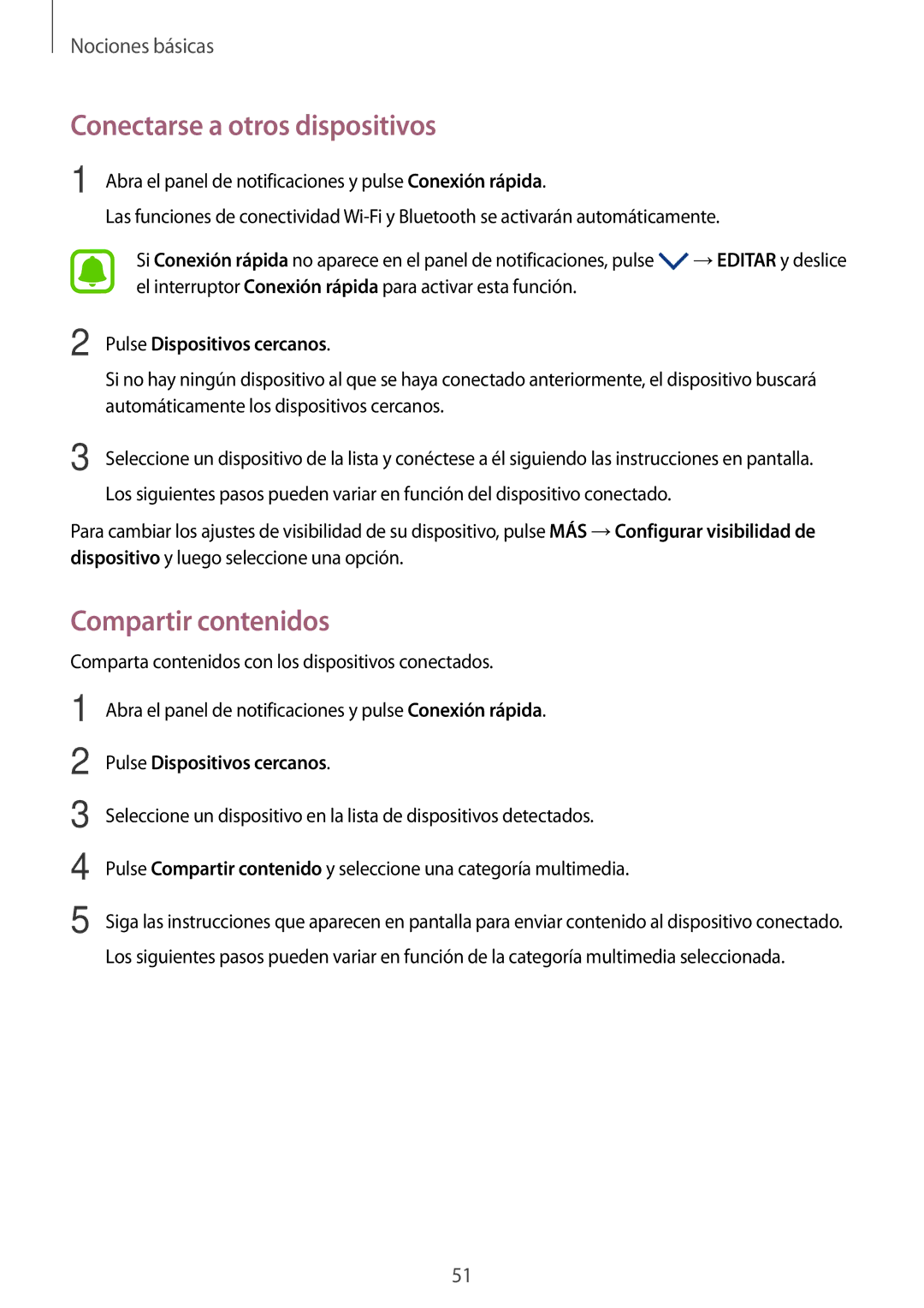 Samsung SM-P580NZKAPHE manual Conectarse a otros dispositivos, Compartir contenidos, Pulse Dispositivos cercanos 