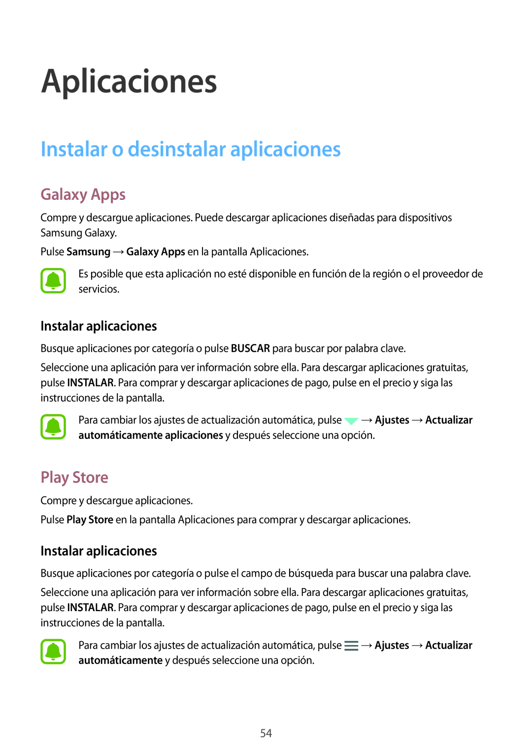 Samsung SM-P580NZKAPHE manual Instalar o desinstalar aplicaciones, Galaxy Apps, Play Store, Instalar aplicaciones 