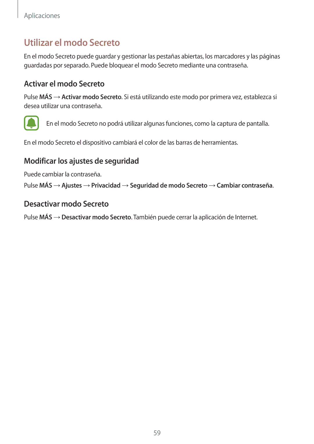 Samsung SM-P580NZKAPHE manual Utilizar el modo Secreto, Activar el modo Secreto, Modificar los ajustes de seguridad 