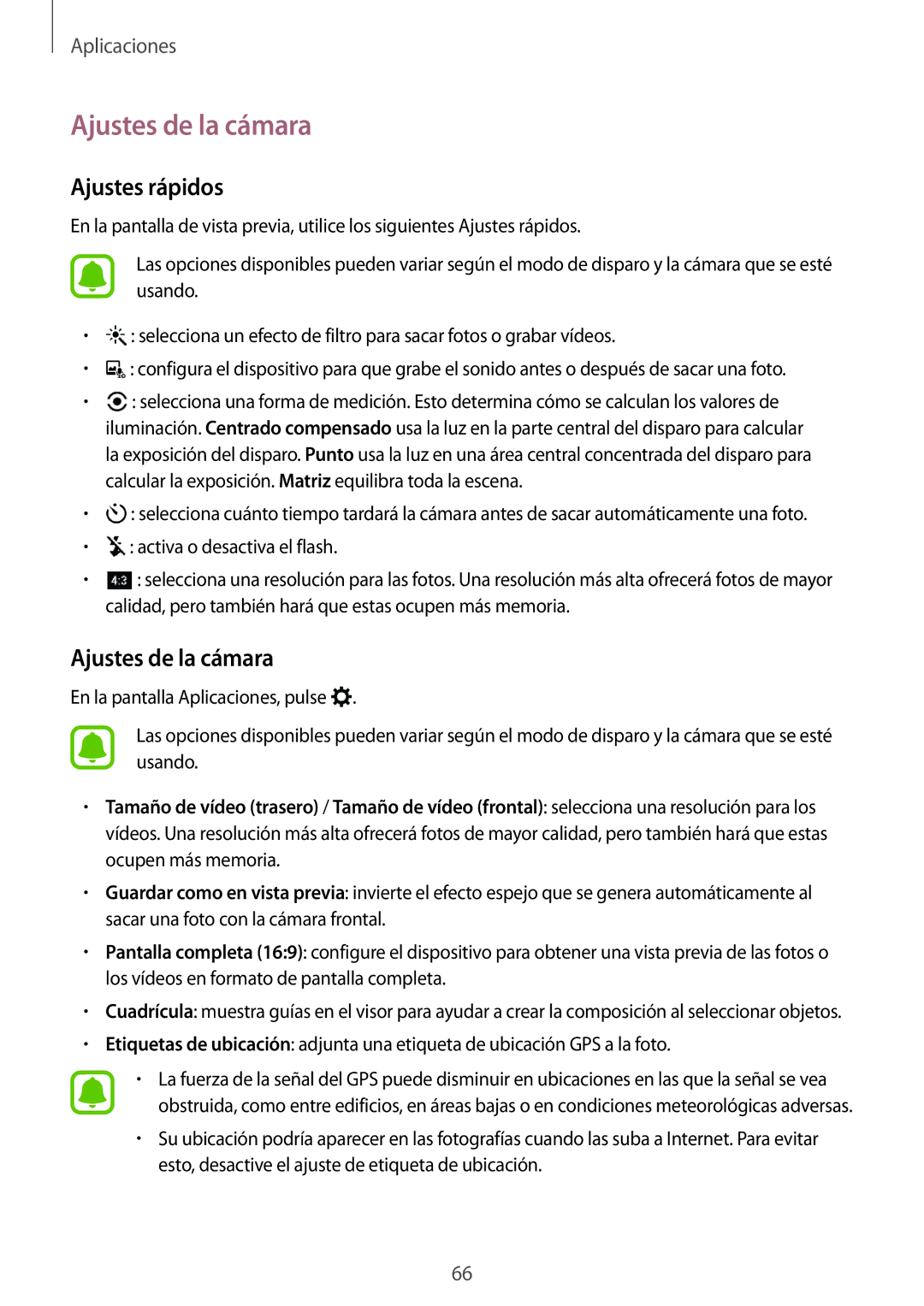 Samsung SM-P580NZKAPHE manual Ajustes de la cámara, Ajustes rápidos 