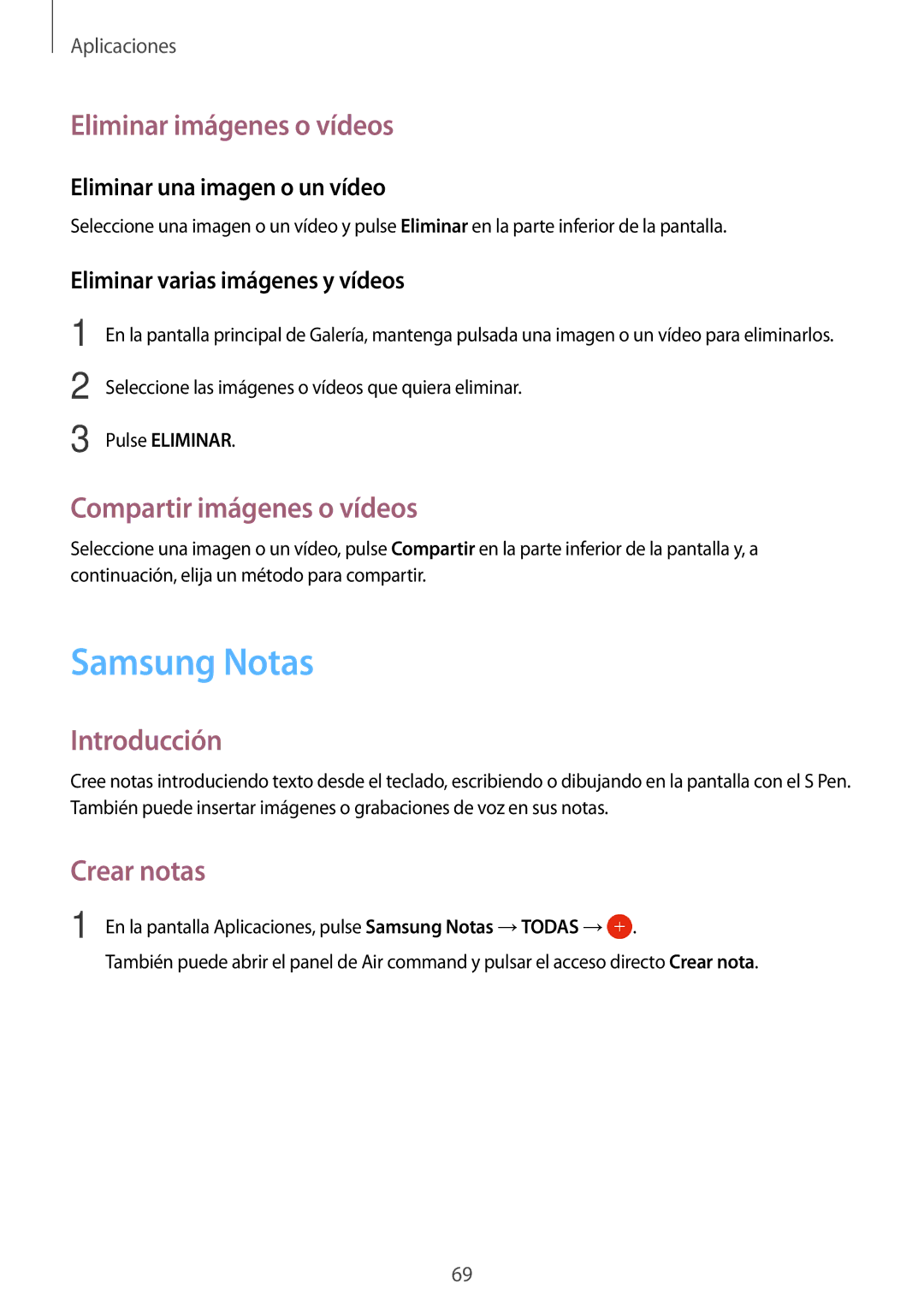 Samsung SM-P580NZKAPHE manual Samsung Notas, Eliminar imágenes o vídeos, Compartir imágenes o vídeos, Crear notas 