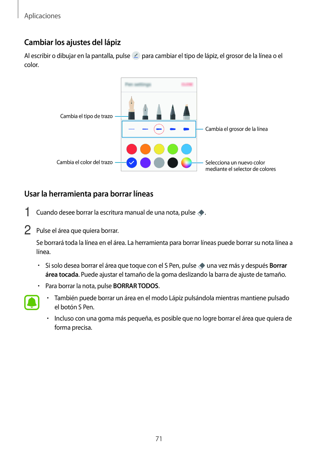 Samsung SM-P580NZKAPHE manual Cambiar los ajustes del lápiz, Usar la herramienta para borrar líneas 