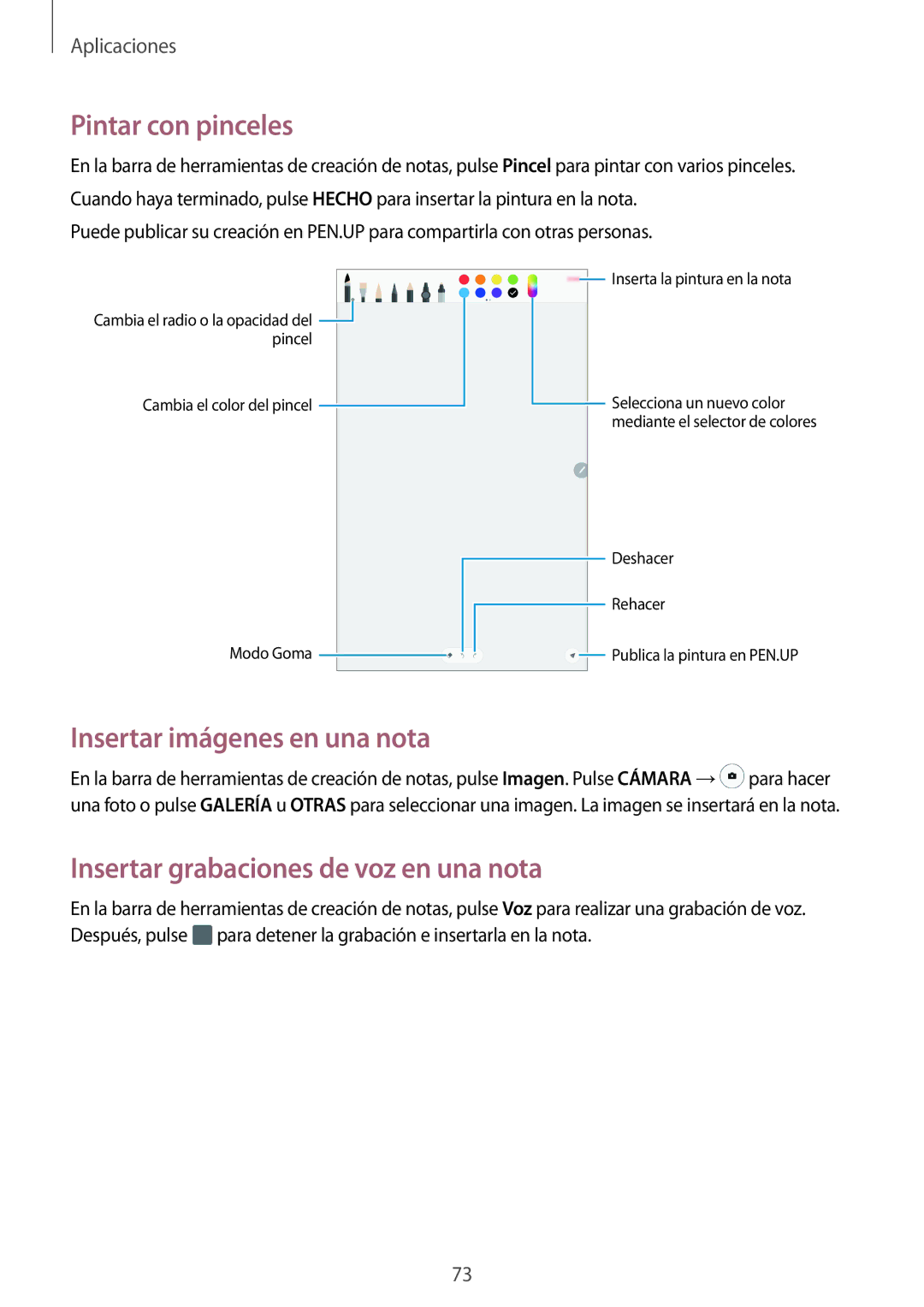 Samsung SM-P580NZKAPHE manual Pintar con pinceles, Insertar imágenes en una nota, Insertar grabaciones de voz en una nota 