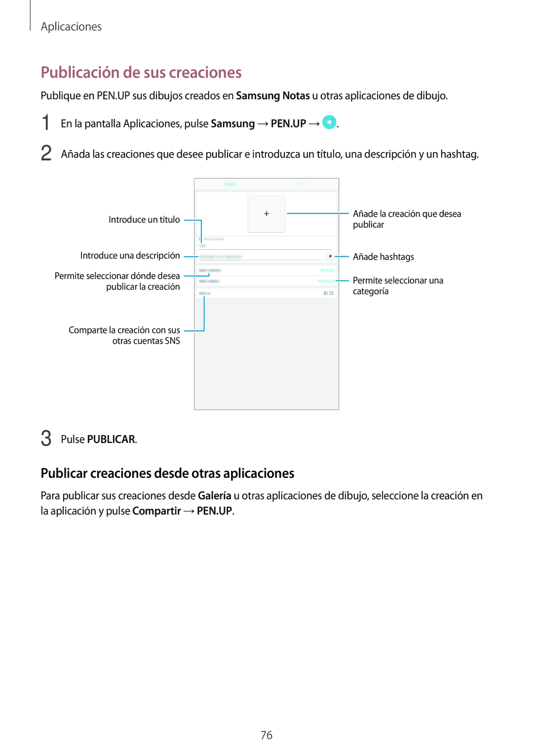 Samsung SM-P580NZKAPHE manual Publicación de sus creaciones, Publicar creaciones desde otras aplicaciones, Pulse Publicar 