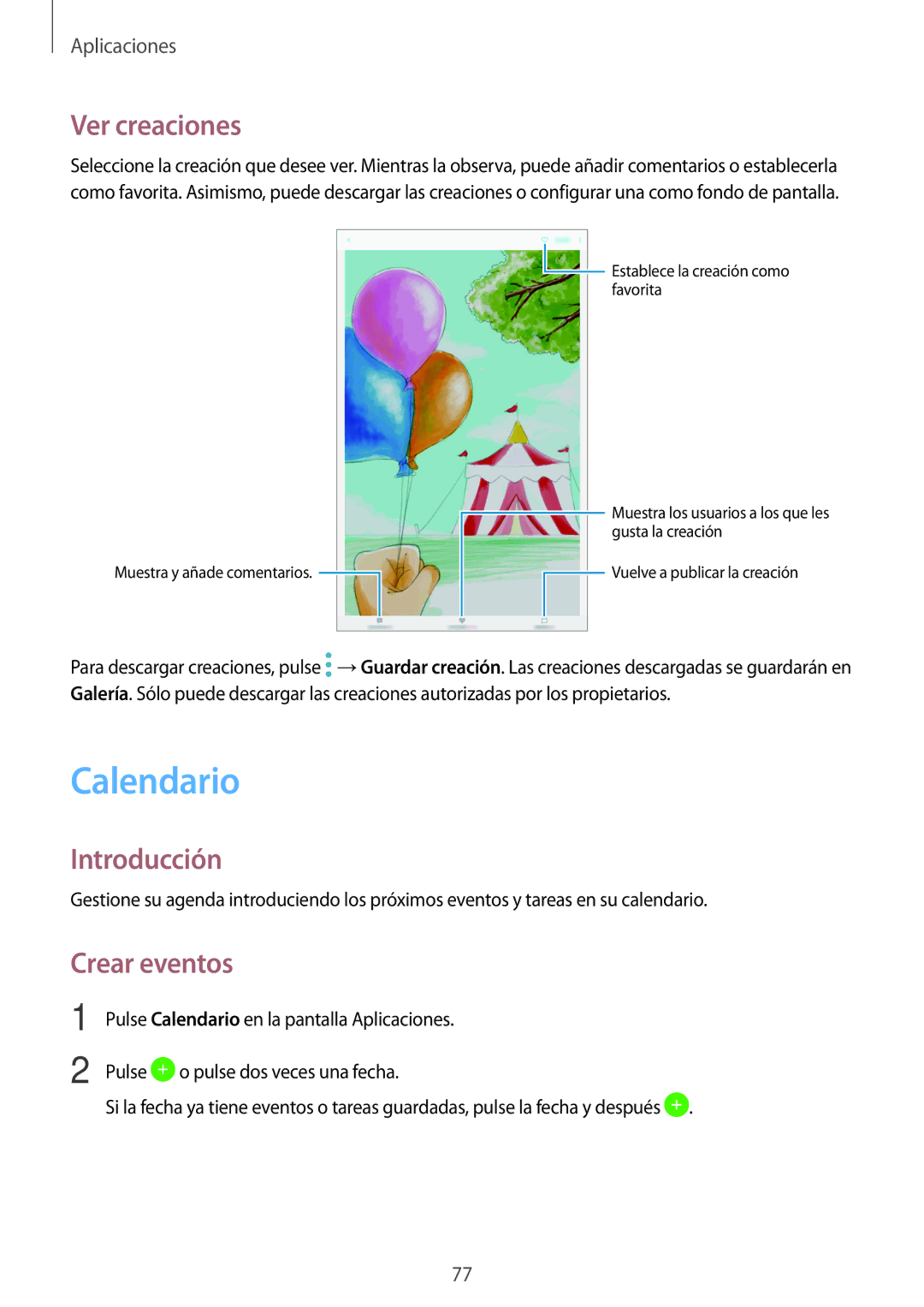 Samsung SM-P580NZKAPHE manual Calendario, Ver creaciones, Crear eventos 